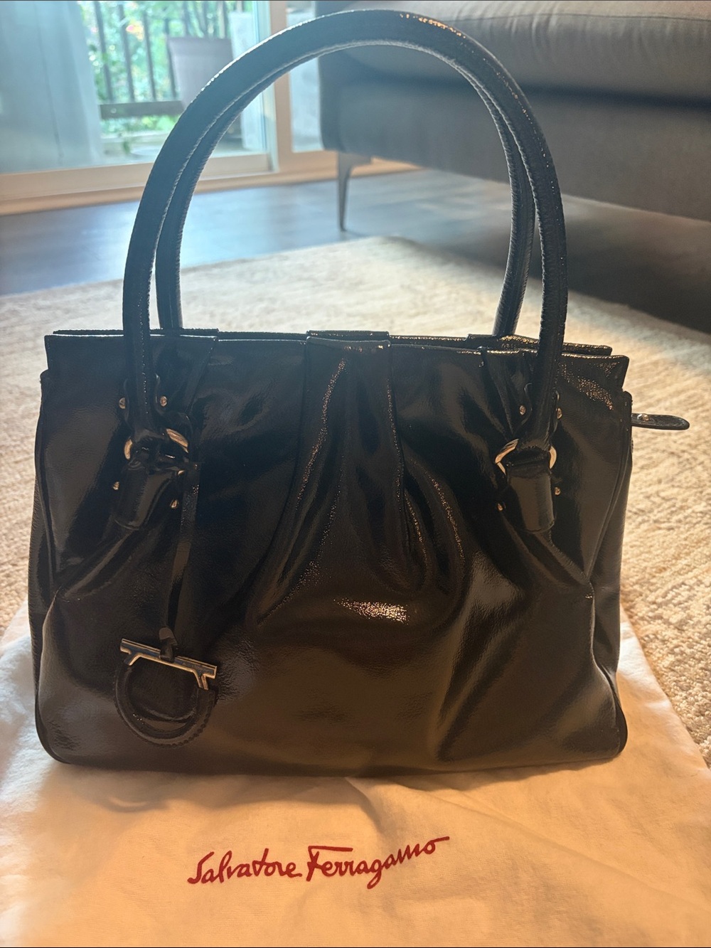 Vintage Salvatore Ferragamo Black Patent Shoulder Tote